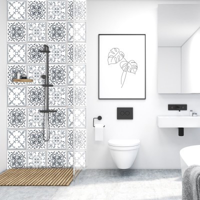 Houseart Carribean Ασπρόμαυρο μοτίβο, Ταπετσαρία, Αυτοκόλλητα πλακάκια, 100 x 100 εκ.