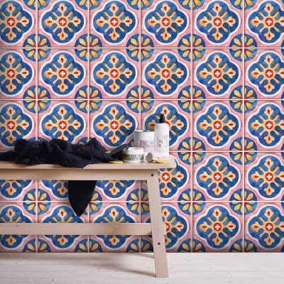 Houseart Ιταλικό Μοτίβο Πολύχρωμο, Ταπετσαρία, Αυτοκόλλητα πλακάκια, 100 x 100 εκ.