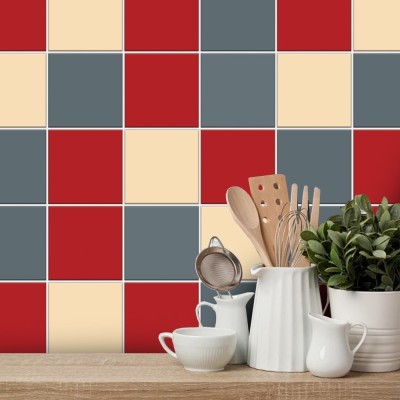 Houseart Ivory - Graphite - Medium red, Ταπετσαρία, Αυτοκόλλητα πλακάκια, 100 x 100 εκ.