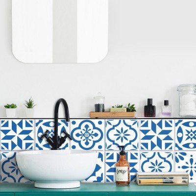 Μοντέρνο Μοτίβο μπλε-άσπρο (8 τεμάχια), Τοίχου, Αυτοκόλλητα πλακάκια, 10 x 10 εκ.