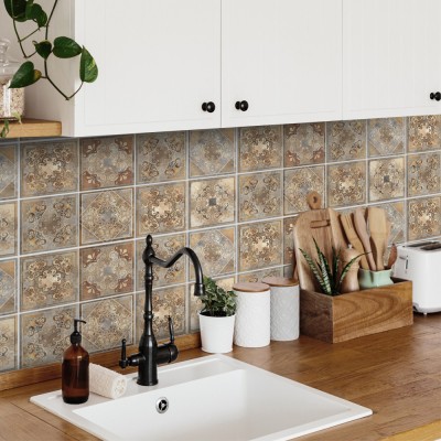 Πορτογαλικό μοτίβο ανοιχτό καφέ-μπλε (8 τεμάχια), Τοίχου, Αυτοκόλλητα πλακάκια, 10 x 10 εκ.