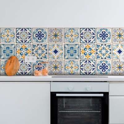 Houseart Vintage μοτίβα μπλε-κίτρινο (8 τεμάχια), Τοίχου, Αυτοκόλλητα πλακάκια, 10 x 10 εκ.