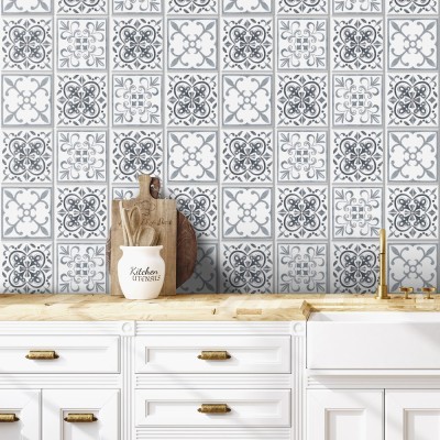 Houseart Carribean Ασπρόμαυρο μοτίβο (8 τεμάχια), Τοίχου, Αυτοκόλλητα πλακάκια, 10 x 10 εκ.