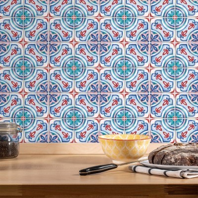 Houseart Italian Floral Pattern (8 τεμάχια), Τοίχου, Αυτοκόλλητα πλακάκια, 10 x 10 εκ.