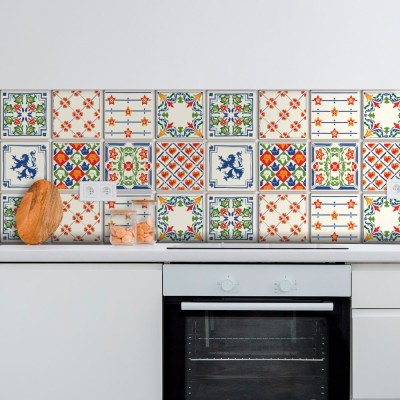 Floral μοτίβο με ζώα (8 τεμάχια), Τοίχου, Αυτοκόλλητα πλακάκια, 10 x 10 εκ. 49876