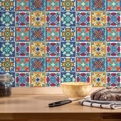 Πολύχρωμο ιταλικό floral μοτίβο (8 τεμάχια), Τοίχου, Αυτοκόλλητα πλακάκια, 10 x 10 εκ.