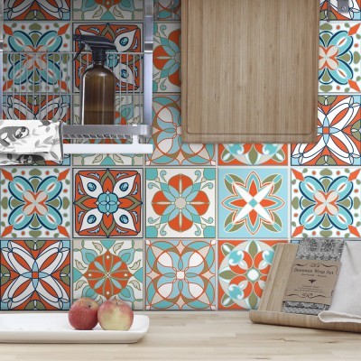 Μοτίβα σε γαλάζιο - πορτοκαλί αποχρώσεις (8 τεμάχια), Τοίχου, Αυτοκόλλητα πλακάκια, 10 x 10 εκ.