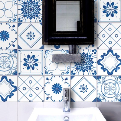 Houseart Ρετρό Μπλε Μοτίβα (8 τεμάχια), Τοίχου, Αυτοκόλλητα πλακάκια, 10 x 10 εκ.