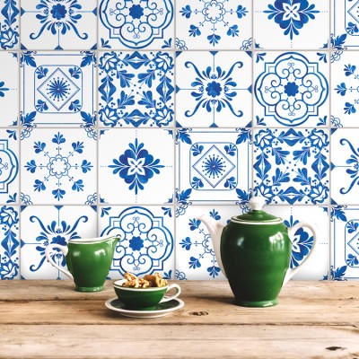 Houseart Vintage μπλε μοτίβα (8 τεμάχια), Τοίχου, Αυτοκόλλητα πλακάκια, 10 x 10 εκ.