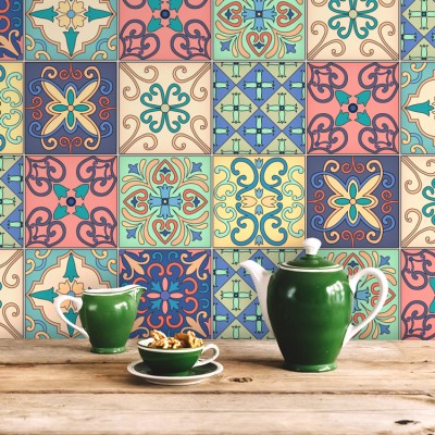 Houseart Retro πολύχρωμο μοτίβο (8 τεμάχια), Τοίχου, Αυτοκόλλητα πλακάκια, 10 x 10 εκ.