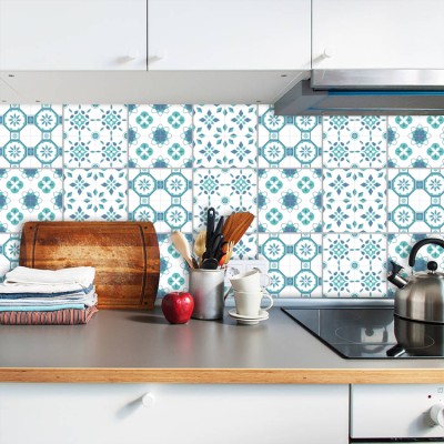 Houseart - ΣΗΜΑΝΤΙΚΟ: Σε περίπτωση διαφοράς τιμής από το κατάστημα ισχύει παντα και μόνο η τιμή του καταστήματος Μοτίβο σε βεραμάν & γαλάζιο (8 τεμάχια), Τοίχου, Αυτοκό