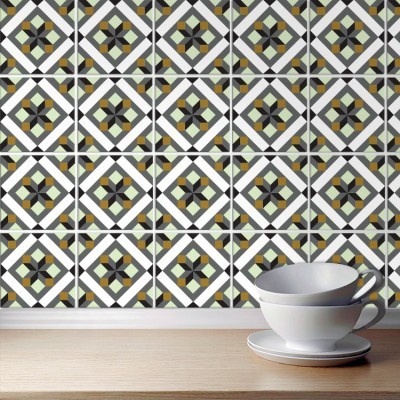 Γεωμετρικό μοτίβο μαύρο γκρι κίτρινο (8 τεμάχια), Τοίχου, Αυτοκόλλητα πλακάκια, 10 x 10 εκ.