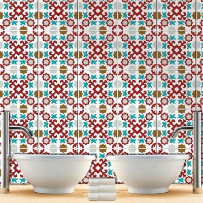 Γεωμετρικό μοτίβο κόκκινο μπλε μουσταρδι (8 τεμάχια), Τοίχου, Αυτοκόλλητα πλακάκια, 10 x 10 εκ.