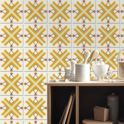 Ρετρό μοτίβο κίτρινο (8 Τεμάχια), Τοίχου, Αυτοκόλλητα πλακάκια, 10 x 10 εκ.