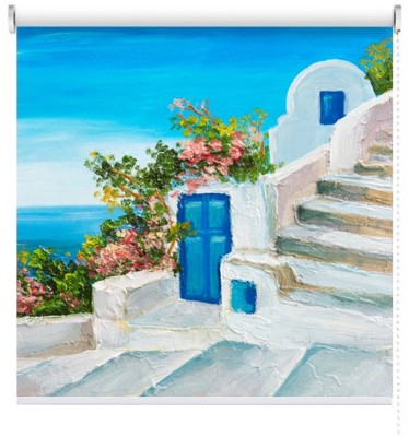 Houseart Σπίτι κοντά στη θάλασσα με πολύχρωμα λουλούδια., Πόλεις - Ταξίδια, Ρολοκουρτίνες, 100 x 67 εκ.