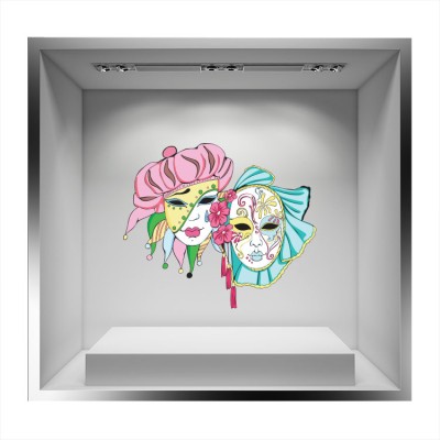 Houseart - ΣΗΜΑΝΤΙΚΟ: Σε περίπτωση διαφοράς τιμής από το κατάστημα ισχύει παντα και μόνο η τιμή του καταστήματος Δυο Μάσκες, Αποκριάτικα, Αυτοκόλλητα βιτρίνας, 80 x 68