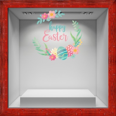 Houseart Happy Easter Wreath, Πασχαλινά, Αυτοκόλλητα βιτρίνας, 70 x 70 εκ.