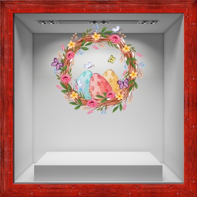 Houseart Πασχαλινό Στεφάνι με Αυγά, Πασχαλινά, Αυτοκόλλητα βιτρίνας, 68 x 64 εκ.