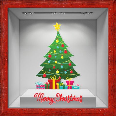 Πολύχρωμο Χριστουγεννιάτικο Δέντρο με Δώρα, Χριστουγεννιάτικα, Αυτοκόλλητα βιτρίνας, 80 x 137 εκ. (50761)