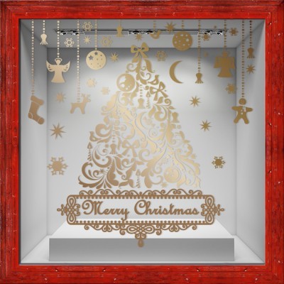 Χρυσό Χριστουγεννιάτικο Δέντρο με Στολίδια, Χριστουγεννιάτικα, Αυτοκόλλητα βιτρίνας, 80 x 80 εκ. (50776)