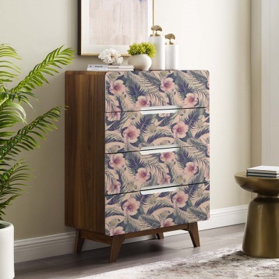 Ροζ λουλούδια με πράσινα φύλλα, Μοτίβα, Αυτοκόλλητα έπιπλων, 50 x 50 εκ.