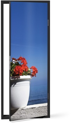 Houseart Κόκκινα λουλούδια μπροστά από το αιγαίο, Ελλάδα, Αυτοκόλλητα πόρτας, 60 x 170 εκ.
