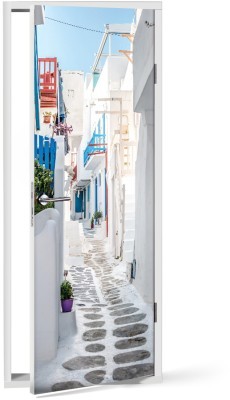 Όμορφo στένακι με λευκά σπίτια στη Μύκονο Ελλάδα Αυτοκόλλητα πόρτας 60 x 170 cm (32301)