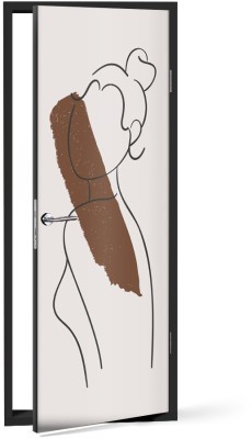 Γυναίκα με κοτσίδα με καφέ πινελιά Line Art Αυτοκόλλητα πόρτας 60 x 170 εκ. (44629)
