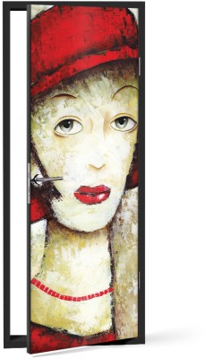 Κυρία με κόκκινο καπέλο Ζωγραφική Αυτοκόλλητα πόρτας 60 x 170 cm (12194)