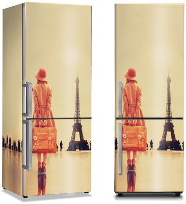 Γυναίκα ταξιδεύει στο Παρίσι, Vintage, Αυτοκόλλητα ψυγείου, 50 x 85 εκ. (44458)