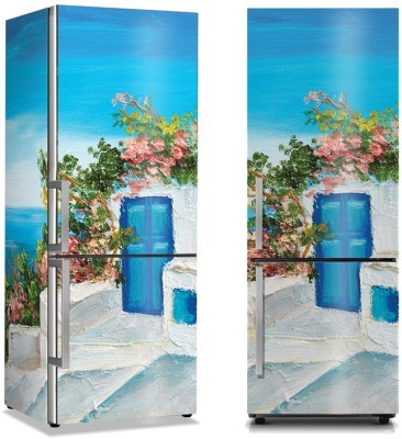 Σπίτι κοντά στη θάλασσα με πολύχρωμα λουλούδια., Πόλεις – Ταξίδια, Αυτοκόλλητα ψυγείου, 50 x 85 εκ. (32218)