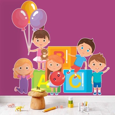 Παιδάκια κρατάνε μπαλόνια, Παιδικά, Αυτοκόλλητα τοίχου, 55 x 53 εκ. (39056)