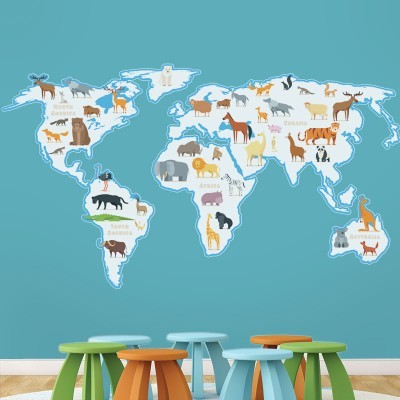 Χάρτης με ζώα, Παιδικά, Αυτοκόλλητα τοίχου, 100 x 56 εκ. (39095)