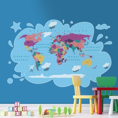 Πολύχρωμος παγκόσμιος χάρτης, Παιδικά, Αυτοκόλλητα τοίχου, 100 x 66 εκ.