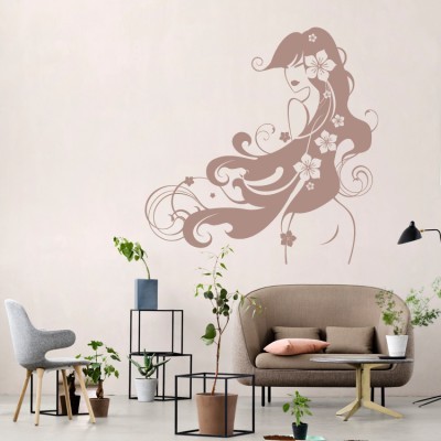 Γυναικείο πρόσωπο μακρυά μαλλιά με λουλούδια Φιγούρες Αυτοκόλλητα τοίχου 90 x 90 cm (510)