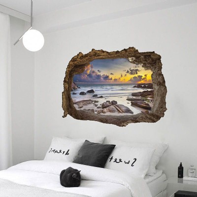 Houseart Παραλία με βράχους, 3D - Τρισδιάστατα, Αυτοκόλλητα τοίχου, 80 x 60 εκ.