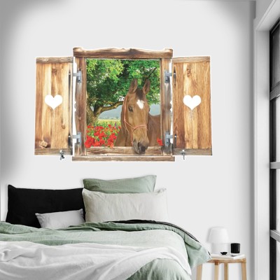 Houseart - ΣΗΜΑΝΤΙΚΟ: Σε περίπτωση διαφοράς τιμής από το κατάστημα ισχύει παντα και μόνο η τιμή του καταστήματος Άλογο στο παράθυρο, 3D - Τρισδιάστατα, Αυτοκόλλητα τοίχ