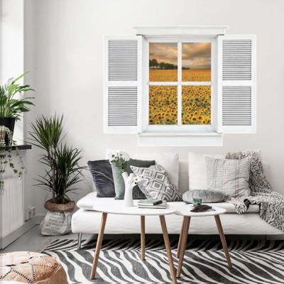 Παράθυρο με ηλιοτρόπια, 3D – Τρισδιάστατα, Αυτοκόλλητα τοίχου, 60 x 47 εκ. (49378)