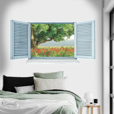 Houseart - ΣΗΜΑΝΤΙΚΟ: Σε περίπτωση διαφοράς τιμής από το κατάστημα ισχύει παντα και μόνο η τιμή του καταστήματος Ένα παράθυρο με παπαρούνες, 3D - Τρισδιάστατα, Αυτοκόλλ