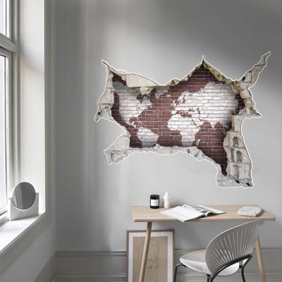 Παγκόσμιος Χάρτης σε Τούβλινο Τοίχο 3D – Τρισδιάστατα Αυτοκόλλητα τοίχου 60 x 45 εκ. (49630)