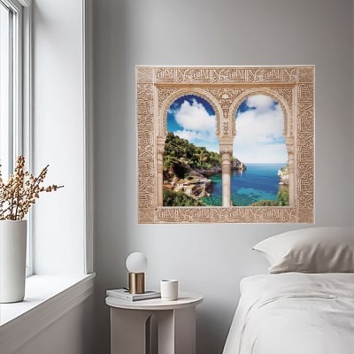 Παράθυρο με θέα την παραλία Cala de Deia,Μαγιόρκα 3D – Τρισδιάστατα Αυτοκόλλητα τοίχου 60 x 53 εκ. (49652)