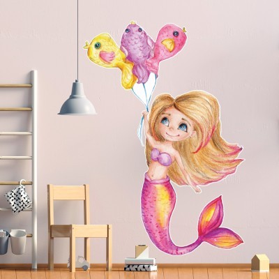 Γοργόνα με Μπαλόνια-ψάρια, Παιδικά, Αυτοκόλλητα τοίχου, 80 x 115 εκ. (51064)