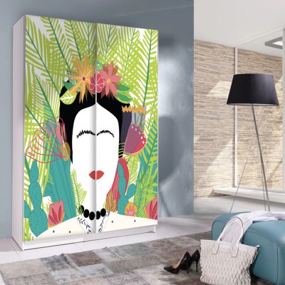 Exotic Portrait of Frida Kahlo with leaves and cactus, 