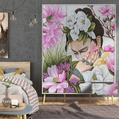 Houseart Frida Kahlo surrounded by pink flowers, Frida Kahlo - Diego Rivera, Διάσημοι ζωγράφοι, 100 x 100 εκ.