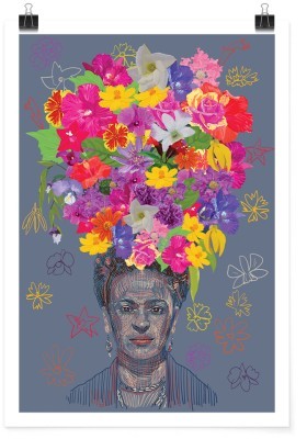 Frida Kahlo\'s portrait with flowers on grey background, Frida Kahlo - Diego Rivera, Διάσημοι ζωγράφοι, 15 x 20 εκ.