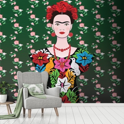 Houseart Frida Kahlo portrait, Mexican traditional pattern, Frida Kahlo - Diego Rivera, Διάσημοι ζωγράφοι, 100 x 100 εκ.