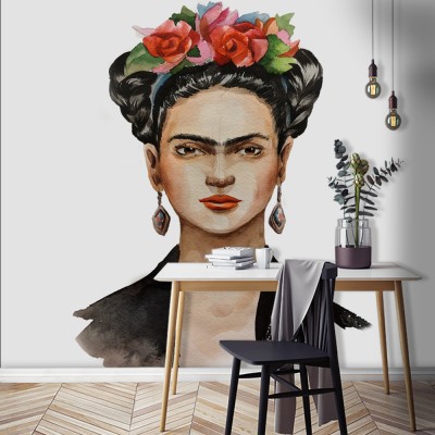 Frida Kahlo with a wreath on her head and a black handk
