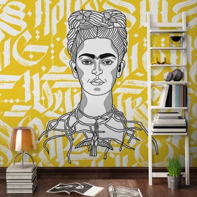 Abstract calligraphy of Frida Kahlo on yellow backgroun