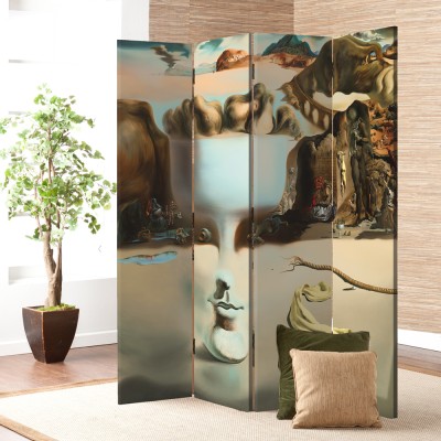 Apparition of face and fruit dish on a beach oil painti