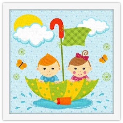Κορίτσι και αγόρι επιπλέουν με ομπρέλα Παιδικά Πίνακες σε καμβά 50 x 50 cm (11388)